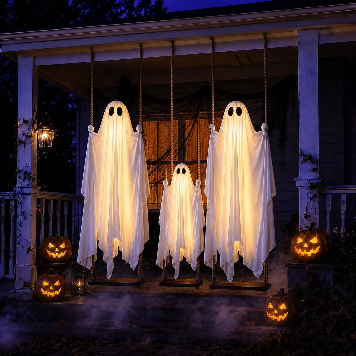 Three glowing white ghosts hanging on swings from a porch at night