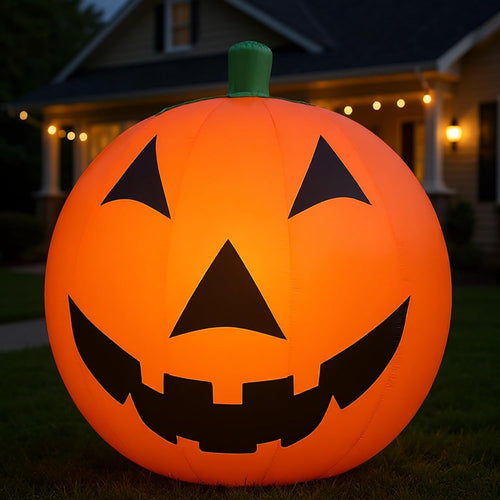 Giant glowing orange inflatable jack-o'-lantern on a lawn at dusk