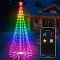Multicolor LED cone tree with a star topper glowing next to a phone app