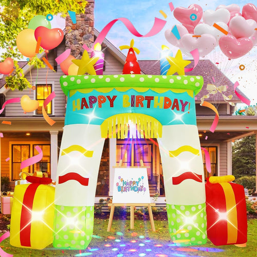 Inflatable pastel birthday castle archway with a HAPPY BIRTHDAY banner and balloons