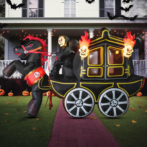 Inflatable black Halloween carriage with a skeletal horse and reaper on a lawn