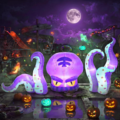 Glowing purple inflatable octopus head and tentacles rising from a Halloween lawn under a full moon