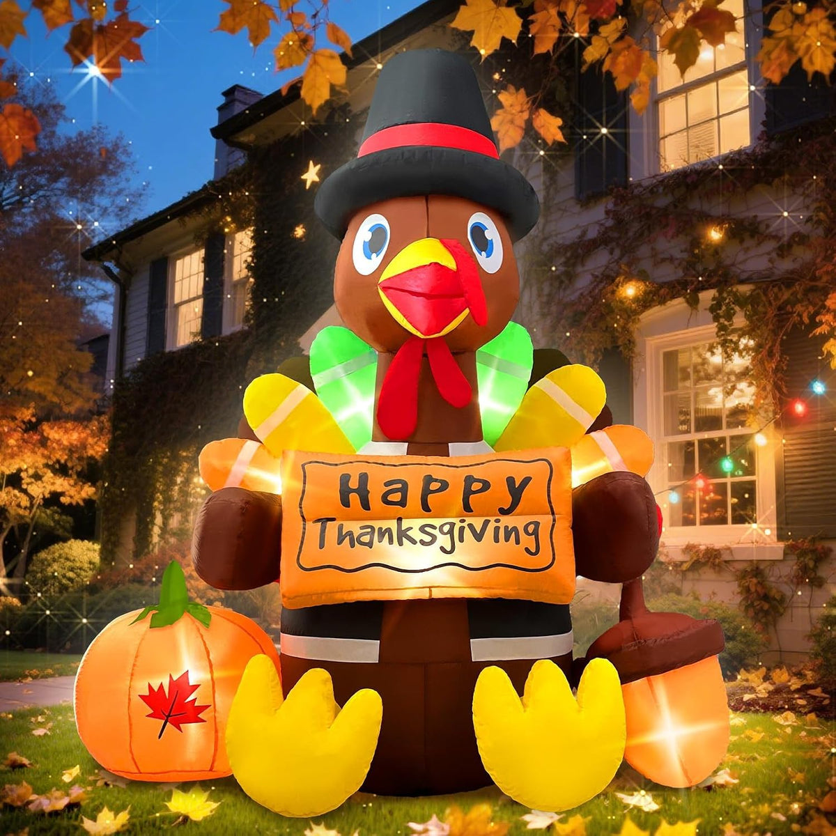Inflatable turkey in a pilgrim hat holding a Happy Thanksgiving sign on a porch